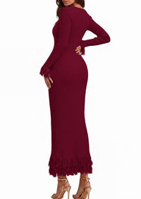 PRETTYGARDEN Womens Long Sleeve Bodycon Sweater Dress  Stretchy Ribbed Knit,Fringe Trim Cuffs & Hem,Slim Fit Crewneck,Date Night Outfits,Fall Winter Wedding Guest Cocktail Dresses