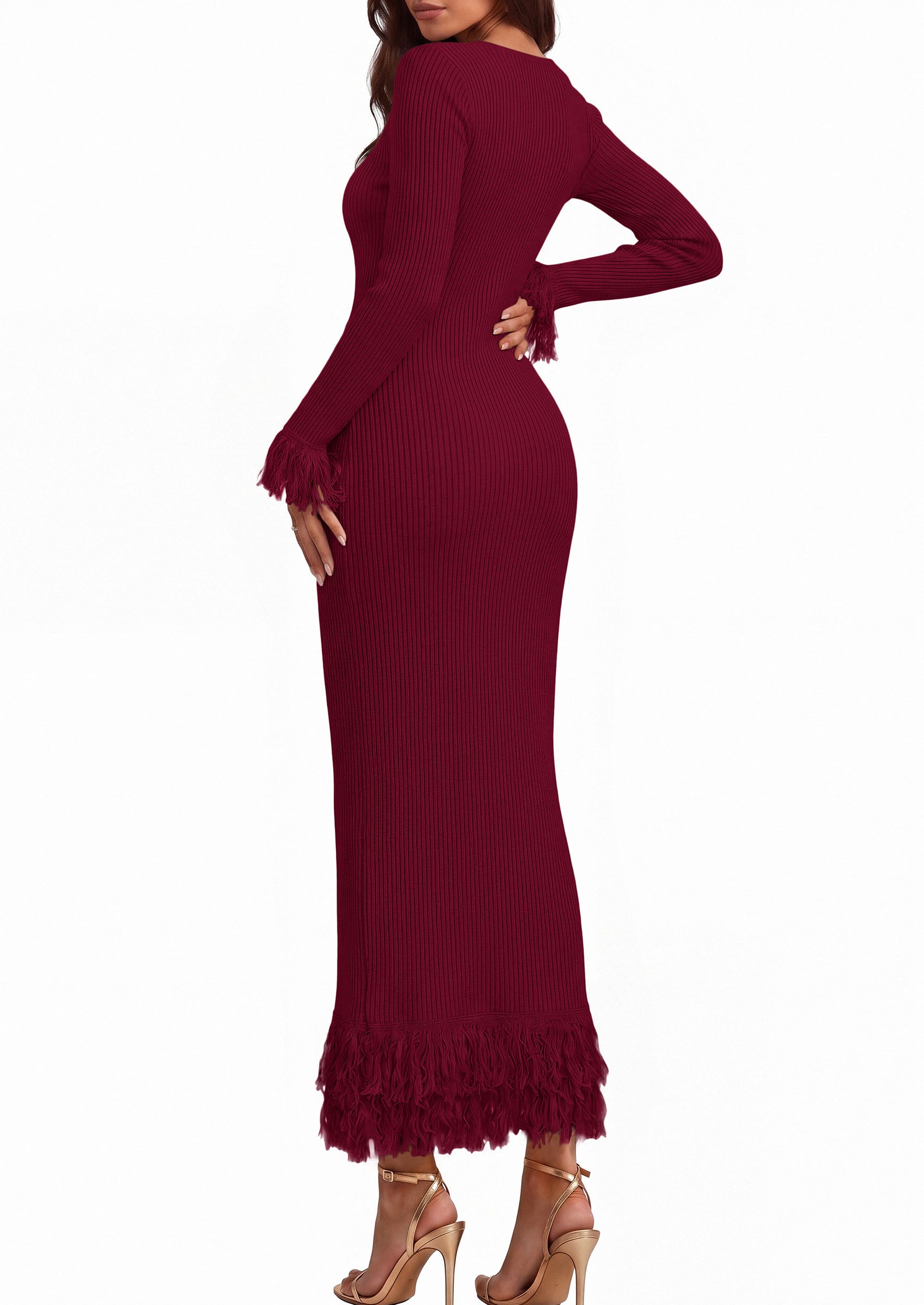 PRETTYGARDEN Womens Long Sleeve Bodycon Sweater Dress  Stretchy Ribbed Knit,Fringe Trim Cuffs & Hem,Slim Fit Crewneck,Date Night Outfits,Fall Winter Wedding Guest Cocktail Dresses