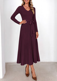 PRETTYGARDEN Womens Fall Maxi Long Sleeve Sweater Dress  Soft Stretchy Knit, V Neck A Line Dresses with Bow, Flowy Pleated Hem, Cocktail Party Outfits, Trendy Winter Clothes