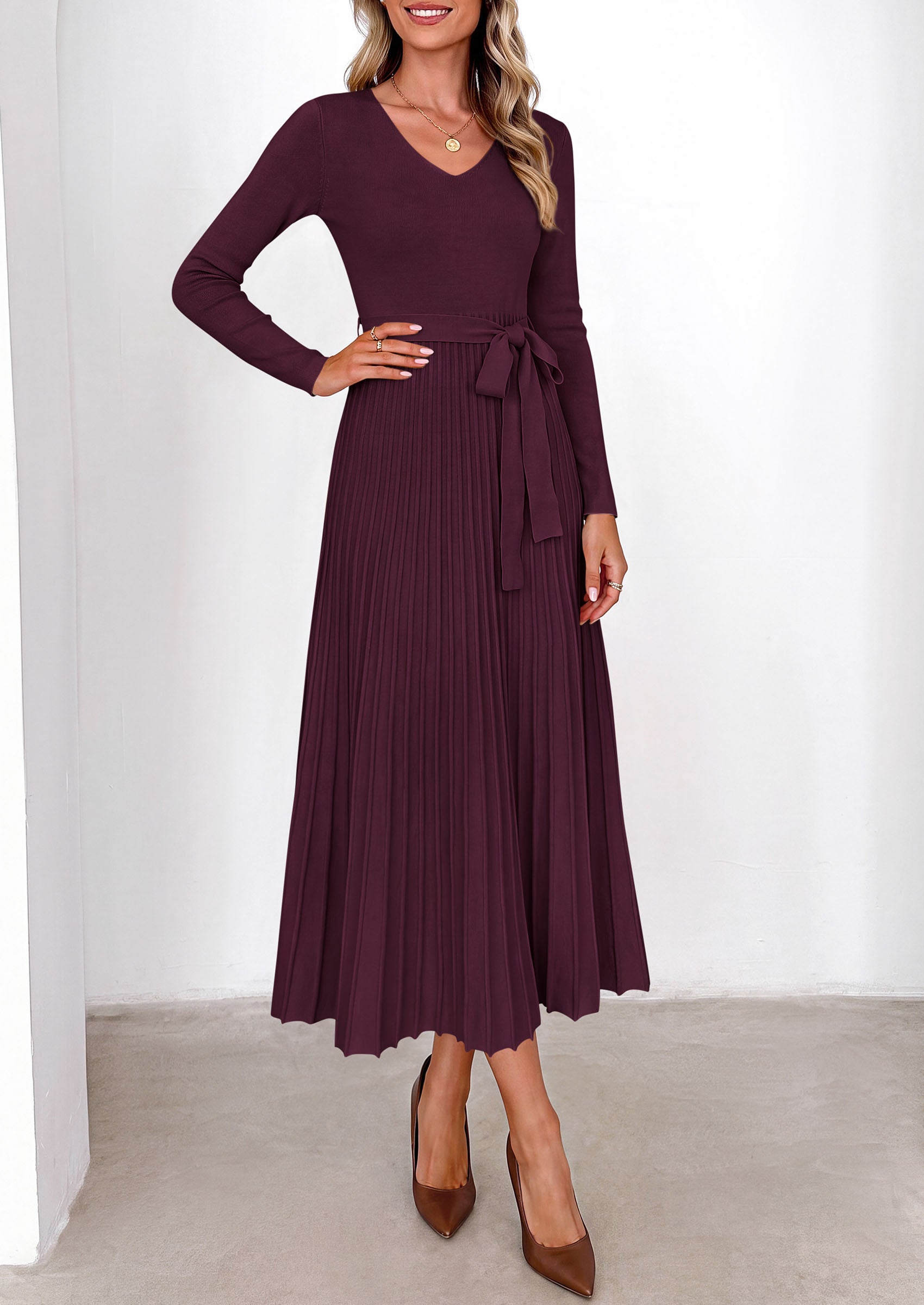 PRETTYGARDEN Womens Fall Maxi Long Sleeve Sweater Dress  Soft Stretchy Knit, V Neck A Line Dresses with Bow, Flowy Pleated Hem, Cocktail Party Outfits, Trendy Winter Clothes