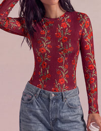 PRETTYGARDEN Womens Long Sleeve Shirts Floral Y2K Tops | Soft Lightweight Ribbed Knit Top,Fitted Waist,Crew Neck Slim Fit,Going Out Vacation Outfits,Layering Fall Winter Clothes