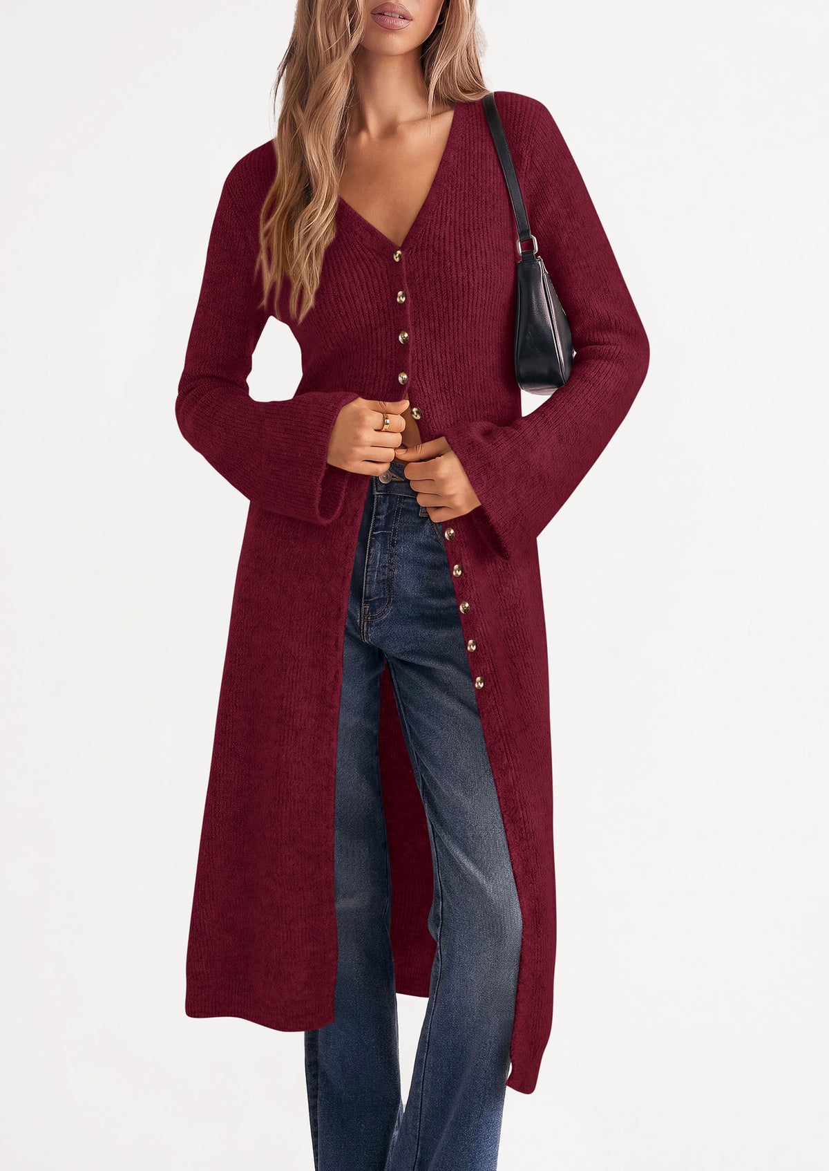 PRETTYGARDEN Women Long Cardigan Bell Sleeve Sweater Dress  Early Fall Fashion, V Neck Button Down Coats, Fit and Flare, Duster Sweater, Business Casual Outfits, Acrylic Cotton Blend