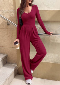 PRETTYGARDEN Womens Fall One Piece Long Sleeve Jumpsuit | Stretchy Ribbed Knit, Fashion Deep V Neck, Wide Leg Romper with Pockets, Work Business Casual Outfits, Trendy Winter Clothes