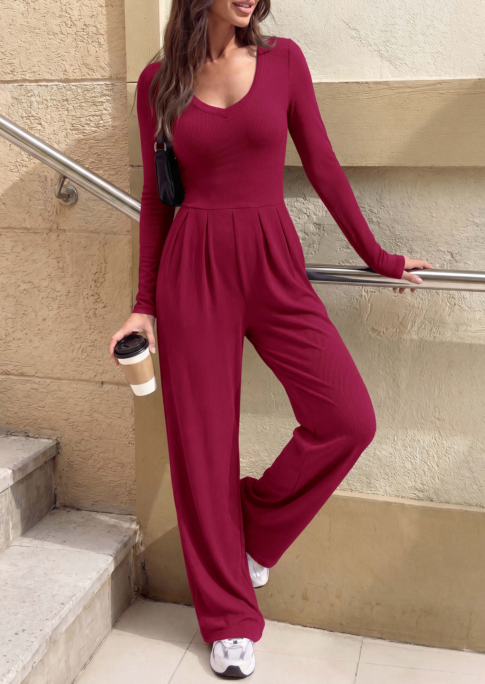 PRETTYGARDEN Womens Fall One Piece Long Sleeve Jumpsuit | Stretchy Ribbed Knit, Fashion Deep V Neck, Wide Leg Romper with Pockets, Work Business Casual Outfits, Trendy Winter Clothes