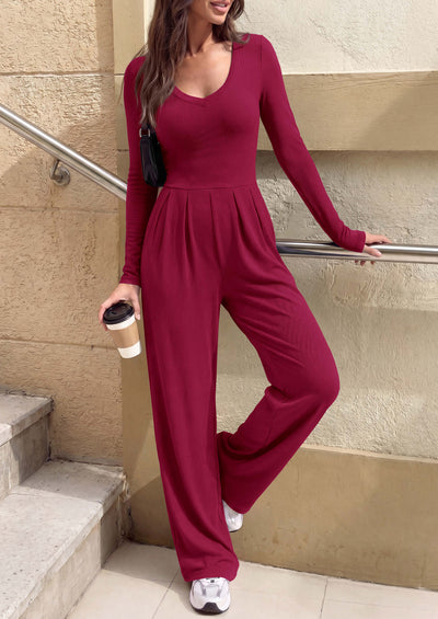 PRETTYGARDEN Womens Fall One Piece Long Sleeve Jumpsuit | Stretchy Ribbed Knit, Fashion Deep V Neck, Wide Leg Romper with Pockets, Work Business Casual Outfits, Trendy Winter Clothes