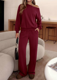 PRETTYGARDEN Womens 2 Piece Casual Matching Lounge Sets  Fashion Off the Shoulder Sweatshirt, Wide Leg Pants with Pockets, Comfy Airport Travel Outfit, 2026 Trendy Fall Set