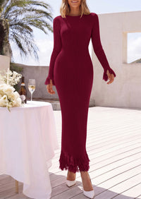 PRETTYGARDEN Womens Long Sleeve Bodycon Sweater Dress  Stretchy Ribbed Knit,Fringe Trim Cuffs & Hem,Slim Fit Crewneck,Date Night Outfits,Fall Winter Wedding Guest Cocktail Dresses