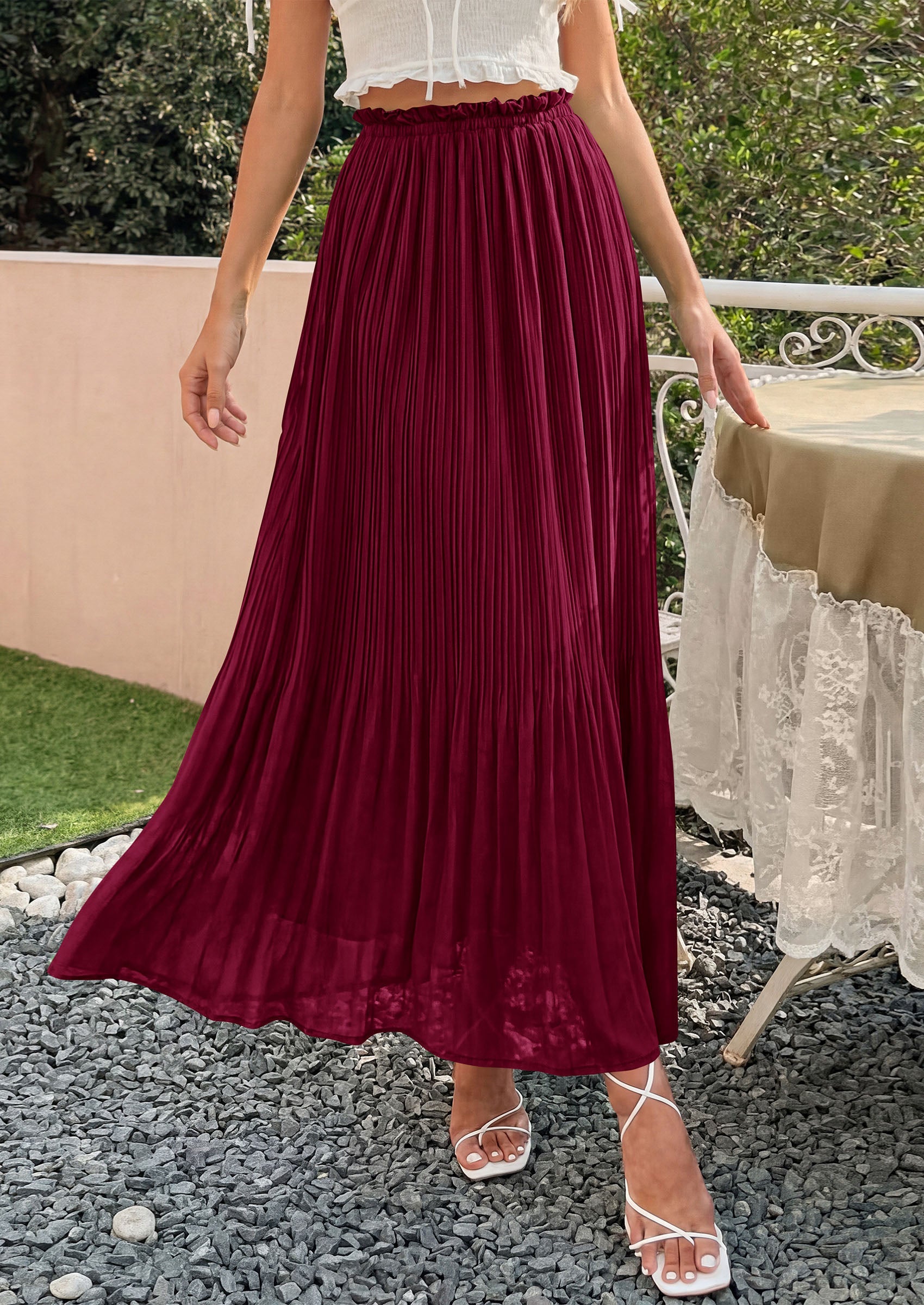 PRETTYGARDEN Pleated Long Skirts for Women Summer Vacation Outfits 2026 Spring Elastic Waisted Flowy Chiffon A-Line Midi Skirt PRETTYGARDEN