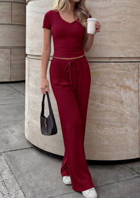 PRETTYGARDEN 2 Piece Sets for Women Summer 2026 Spring Lounge Set Matching V Neck Tops Wide Leg Pants Airport Travel Outfits PRETTYGARDEN