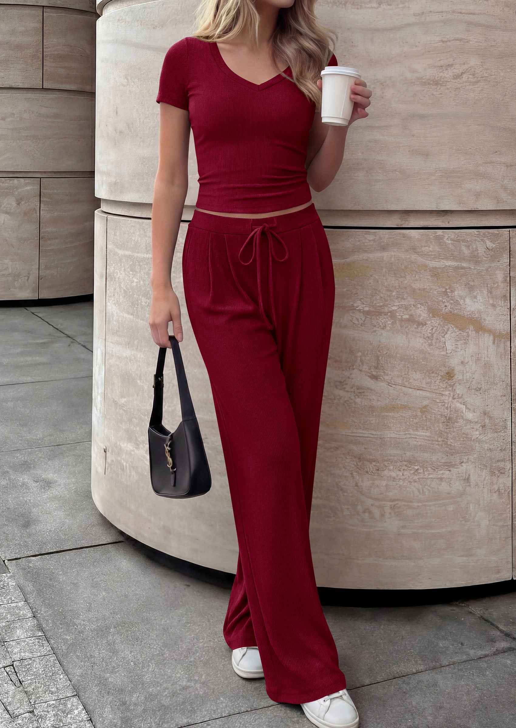 PRETTYGARDEN 2 Piece Sets for Women Summer 2026 Spring Lounge Set Matching V Neck Tops Wide Leg Pants Airport Travel Outfits PRETTYGARDEN