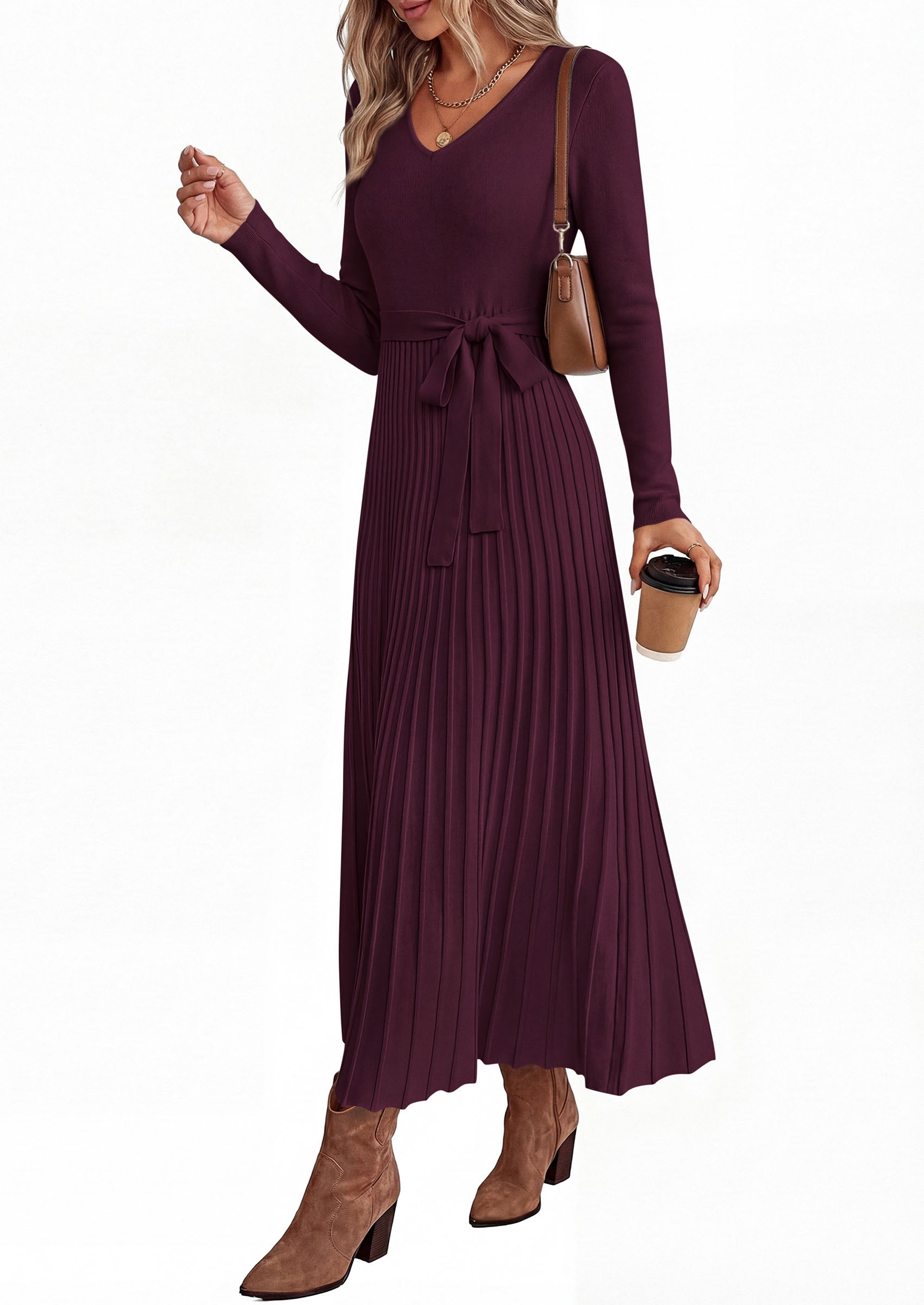 PRETTYGARDEN Womens Fall Maxi Long Sleeve Sweater Dress  Soft Stretchy Knit, V Neck A Line Dresses with Bow, Flowy Pleated Hem, Cocktail Party Outfits, Trendy Winter Clothes