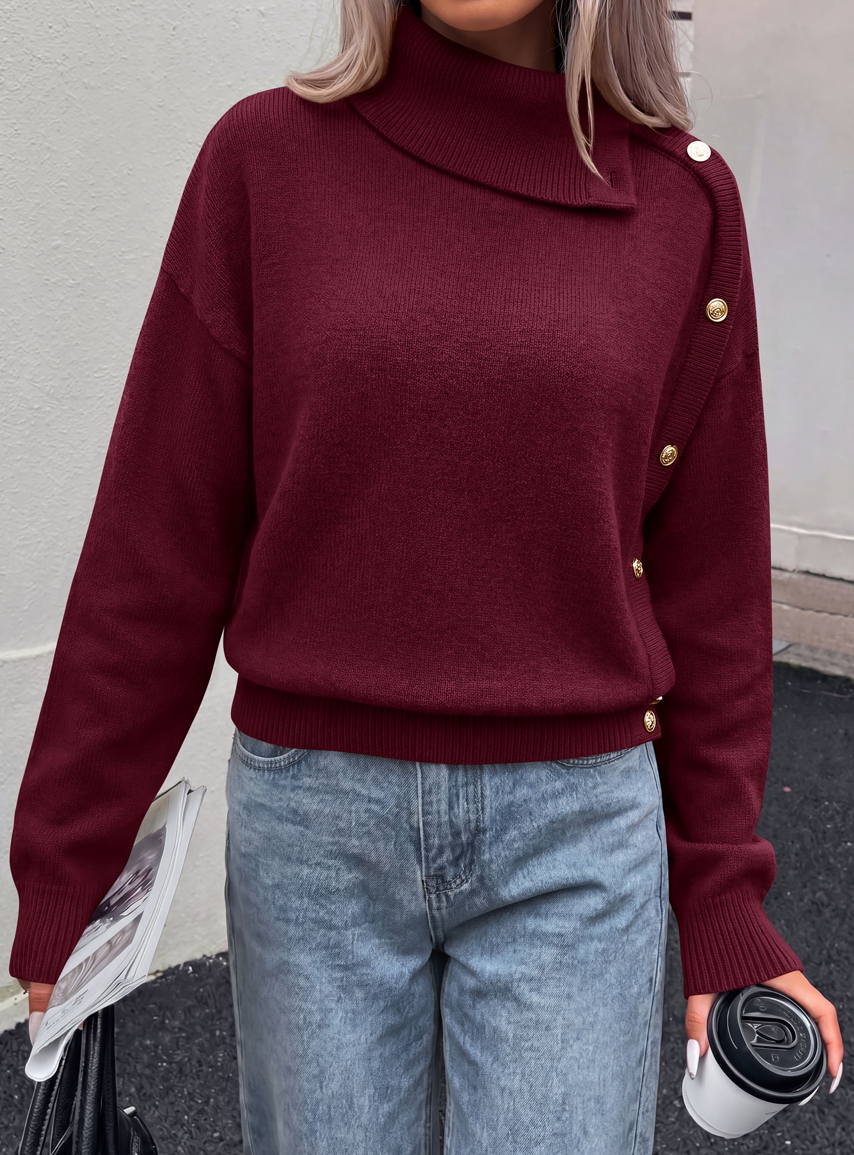 PRETTYGARDEN Womens Turtleneck Sweater Pullover Side Button Fall Clothes  Stretchy Knit,Dropped Shoulder,Ribbed Cuffs,Asymmetrical,Jumper Long Sleeve Tops,Work Office,2026 Winter Casual Outfits