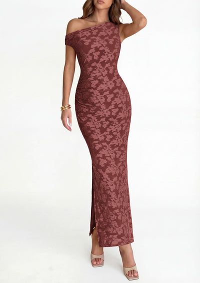 PRETTYGARDEN Womens Floral One Shoulder Maxi Dress 2026 Summer Spring Bodycon Ruched Side Slit Elegant Cocktail Party Dresses PRETTYGARDEN