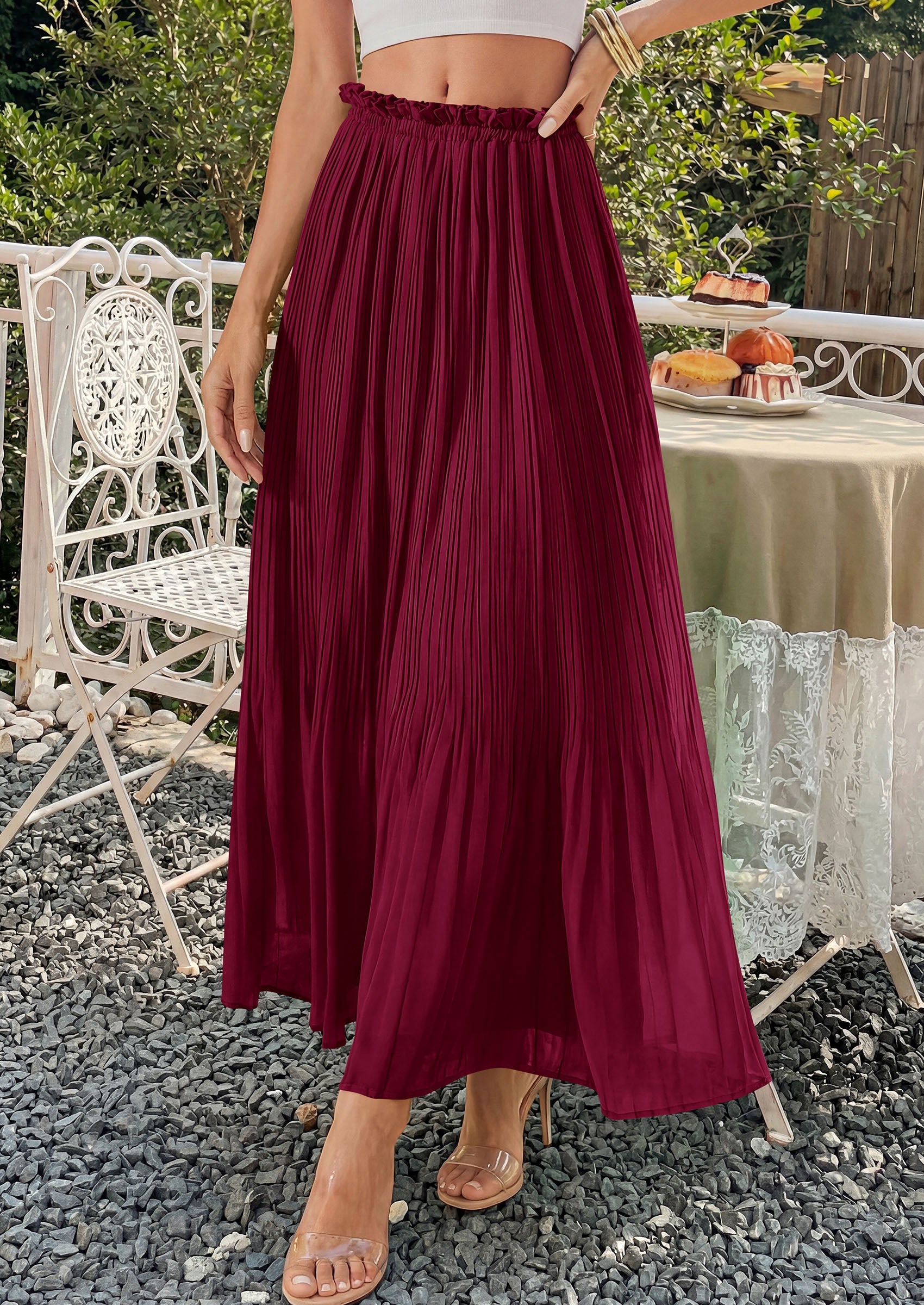 PRETTYGARDEN Pleated Long Skirts for Women Summer Vacation Outfits 2026 Spring Elastic Waisted Flowy Chiffon A-Line Midi Skirt PRETTYGARDEN
