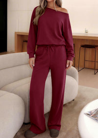 PRETTYGARDEN Womens 2 Piece Casual Matching Lounge Sets  Fashion Off the Shoulder Sweatshirt, Wide Leg Pants with Pockets, Comfy Airport Travel Outfit, 2026 Trendy Fall Set