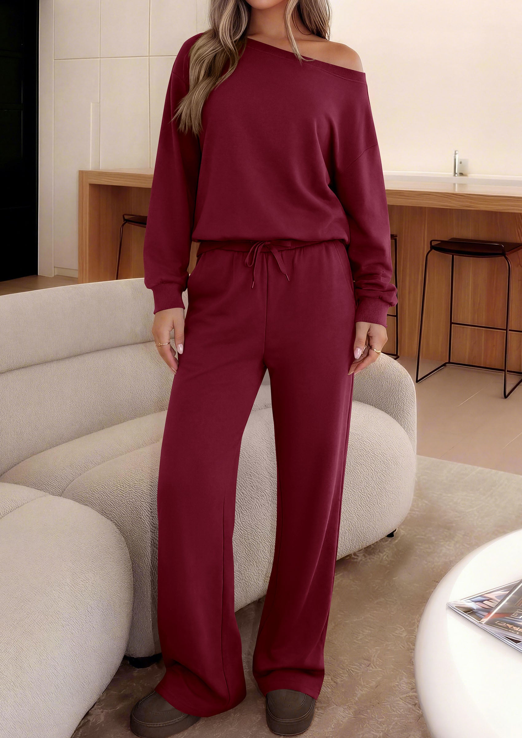 PRETTYGARDEN Womens 2 Piece Casual Matching Lounge Sets  Fashion Off the Shoulder Sweatshirt, Wide Leg Pants with Pockets, Comfy Airport Travel Outfit, 2026 Trendy Fall Set