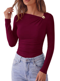 PRETTYGARDEN Long Sleeve Shirts for Women 2026 Ruched Knit Asymmetrical Tight Fitted Going Out Tops Y2k Fall Clothes