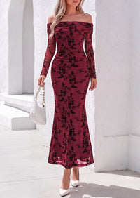PRETTYGARDEN Womens Off Shoulder Floral Maxi Wedding Guest Dress  Mesh Slim Fit,Elegant Bodycon,Formal Party Cocktail Dress,Bridal Shower Baby Shower,Date Night Outfits,Vacation Long Dresses