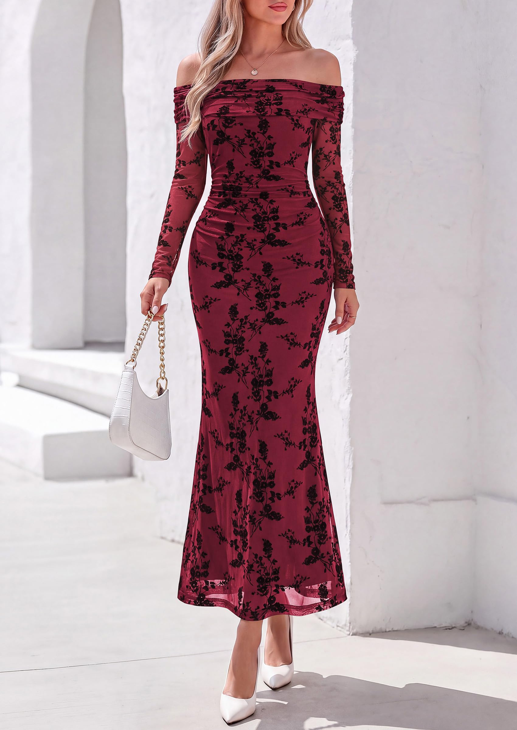PRETTYGARDEN Womens Off Shoulder Floral Maxi Wedding Guest Dress  Mesh Slim Fit,Elegant Bodycon,Formal Party Cocktail Dress,Bridal Shower Baby Shower,Date Night Outfits,Vacation Long Dresses