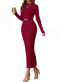 PRETTYGARDEN Women's Long Sleeve Bodycon Maxi Sweater Dress | Stretchy Rib Knit,Metal Buckle Waist,Back Slit,Work Cocktail Holiday Party Outfits,Fall Winter Winter Wedding Guest Dresses