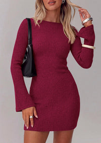 PRETTYGARDEN Womens Fall Bell Long Sleeve Mini Dress 2026 Casual Boat Neck Ribbed Bodycon Short Party Cocktail Dresses