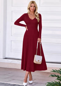 PRETTYGARDEN Women's Fall V Neck Pleated Midi Sweater Dress  Stretchy Ribbed Knit,Long Sleeve,A Line Flowy Skirt,Elegant Long Dresses for Wedding Guest,Work Office,Winter Party Outfits