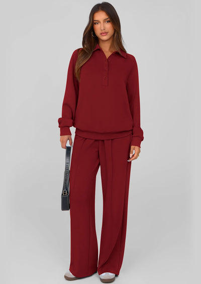 PRETTYGARDEN Women Fall 2 Piece Outfits Sweatsuits Quarter Button Long Sleeve Sweatshirt Wide Leg Pants Tracksuit Lounge Sets
