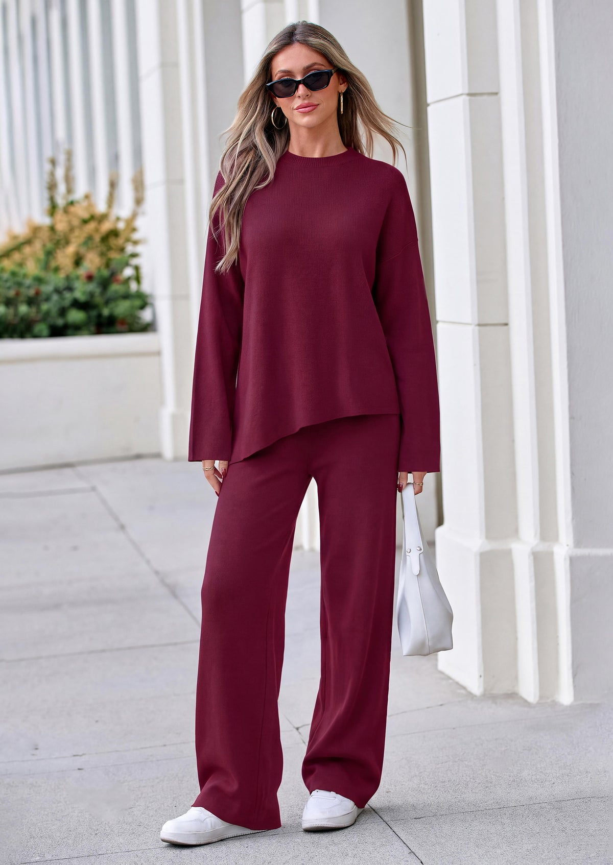 PRETTYGARDEN Womens Fall 2 Piece Asymmetric Cozy Sweater Travel Lounge Sets  Crewneck Drop Shoulder, Soft Casual Knit Matching Set, Vacation Airport Holiday Outfits, Winter Clothing