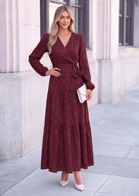 PRETTYGARDEN Womens Long Sleeve Boho Floral Wrap Maxi Dress  Fall Wedding Guest Dresses 2026, Chiffon Flowy Long Dresses, Casual Tie Waist V Neck Dress, Modest A Line Ruffle Tiered Dress