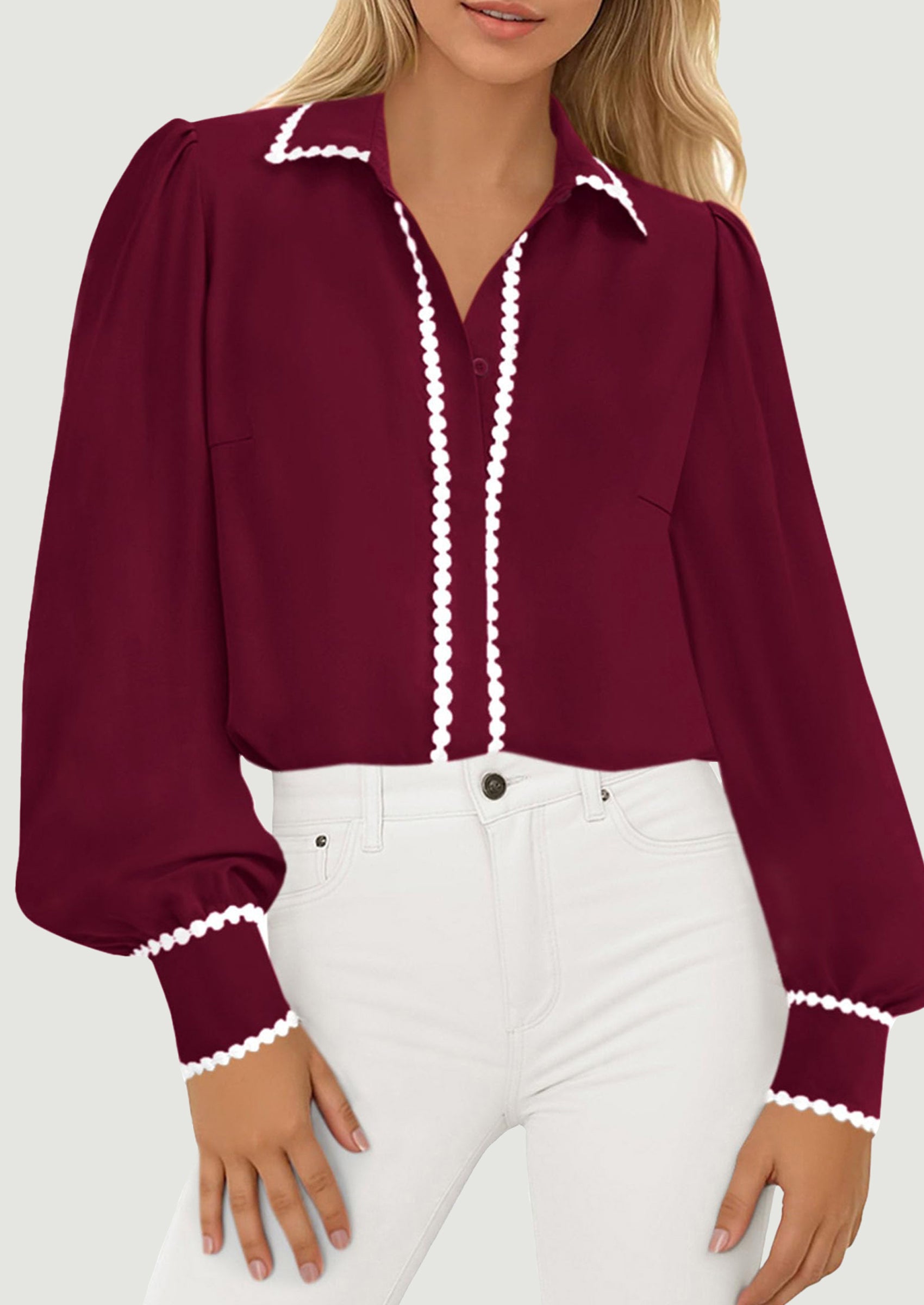 PRETTYGARDEN Womens Long Sleeve Button Down Shirts Trendy V Neck Loose Fit Fall Tops Collared Dressy Casual Blouses