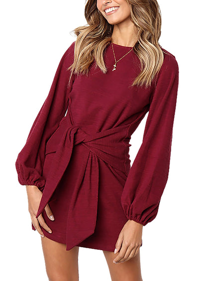 PRETTYGARDEN Womens Fall Elegant Long Lantern Sleeve Short Dress Wedding Guest Crewneck Tie Waist Knit Cocktail Dresses PRETTYGARDEN
