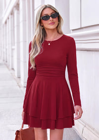PRETTYGARDEN Womens Fit and Flare Crewneck Long Sleeve Mini Dress | Ruched Waist,Tiered Ruffle Hem,Flowy Short Sundress,Party Cocktail Homecoming Dresses,Date Night Semi Formal Cruise Outfits