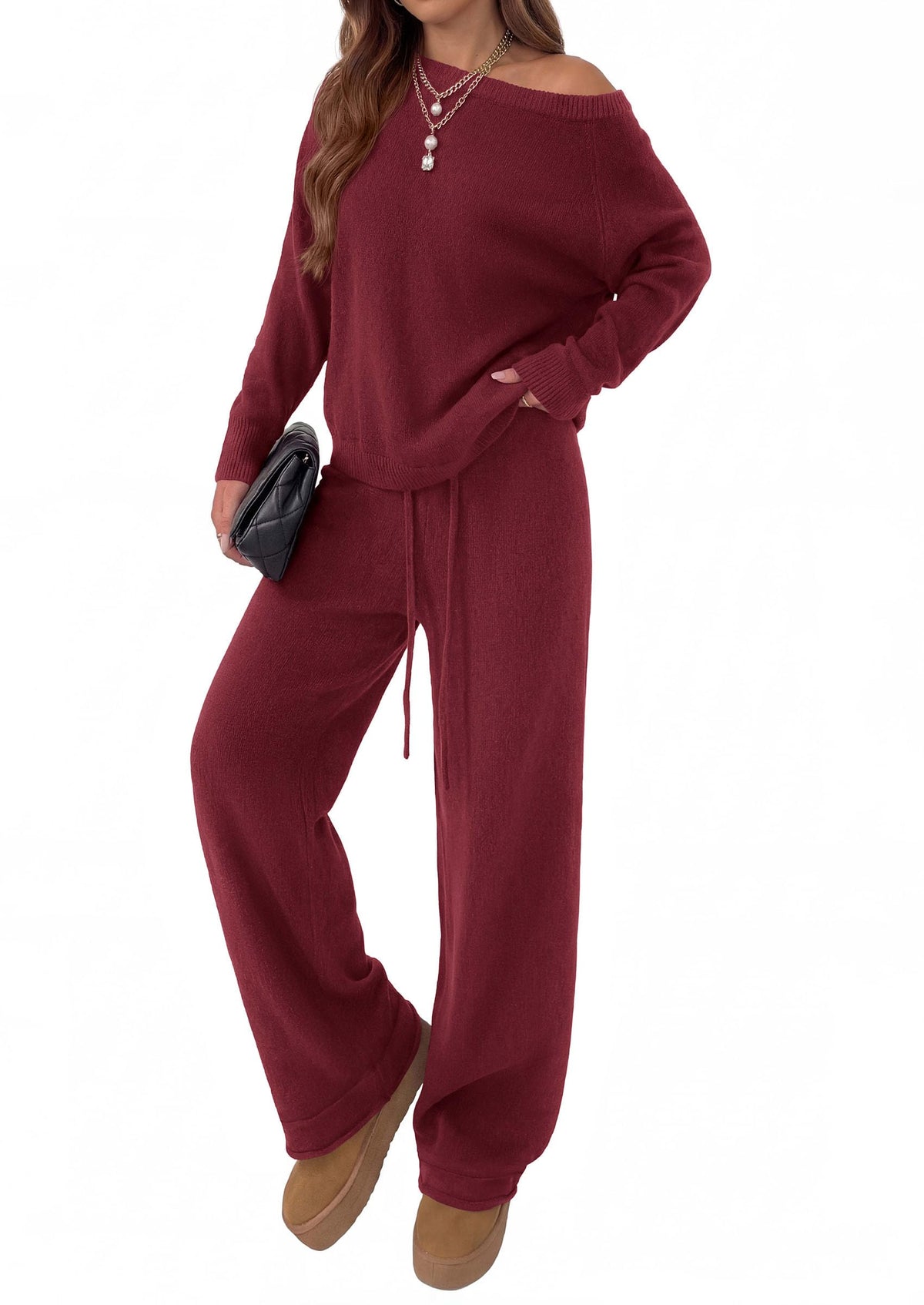 PRETTYGARDEN Lounge Sets Womens Two Piece Outfits  Cozy Boat Neck Long Sleeve , Wide Leg Pants with Drawstring, Casual Fall Fashion 2026 Airport & Travel, Knit Matching Set