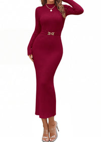 PRETTYGARDEN Women's Long Sleeve Bodycon Maxi Sweater Dress | Stretchy Rib Knit,Metal Buckle Waist,Back Slit,Work Cocktail Holiday Party Outfits,Fall Winter Winter Wedding Guest Dresses