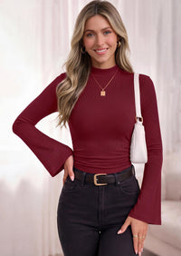 PRETTYGARDEN Womens Long Sleeve Shirts 2026 Fall Bell Sleeves Mock Turtleneck Ribbed Going Out Tops Casual Ruched Y2K Clothes