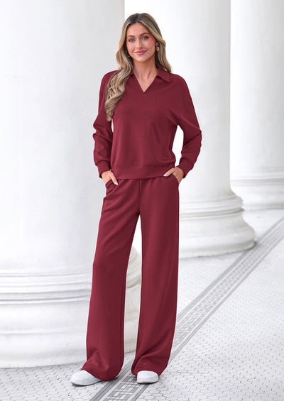 PRETTYGARDEN Womens Sweatsuits 2 Piece Outfits Matching Sets | Wide Leg Sweatpants & Polo V Neck Sweatshirt, Lounge Set, Comfy Airport Travel Outfits, Track suits, Fall Winter Clothes