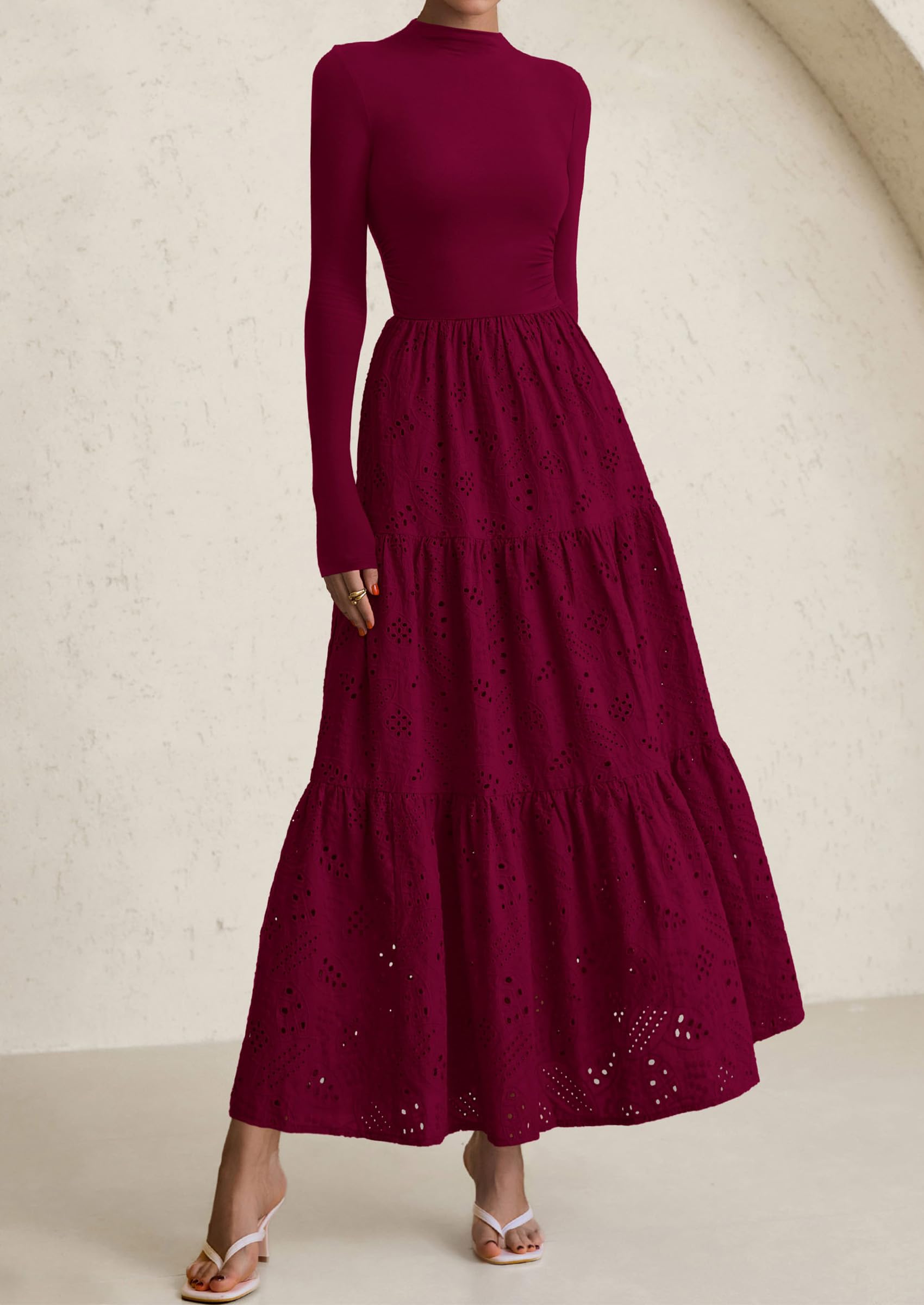 PRETTYGARDEN Long Sleeve Dress for Women Fall Eyelet Mock Neck A Line Elegant Classy Maxi Wedding Guest Dresses Pockets