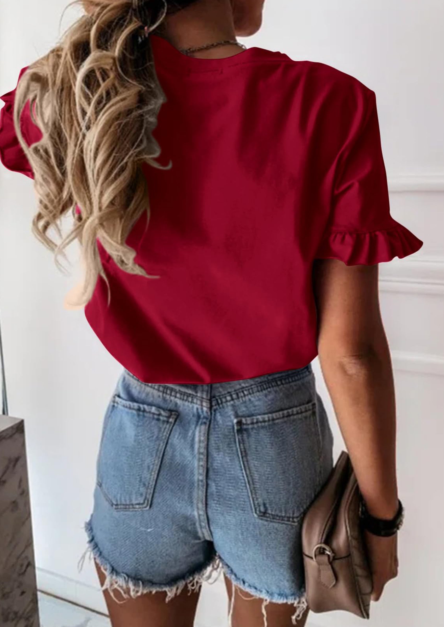 PRETTYGARDEN Women's Short Sleeve Casual T Shirts Summer Ruffle Plain Round Neck Loose Fit Tee Blouse Tops