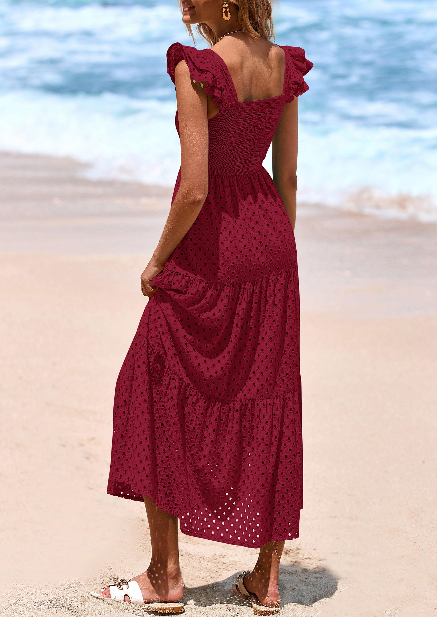 PRETTYGARDEN Womens Square Neck Maxi Dresses Cap Sleeve Eyelet Smocked Tiered A Line Flowy Long Dress with Pockets