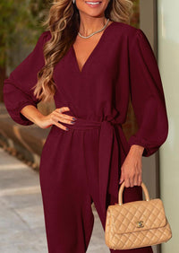 PRETTYGARDEN Women's Fall Jumpsuits Dressy Casual Pants Romper Spring Long Sleeve V Neck Belt Pockets One Piece Outfits