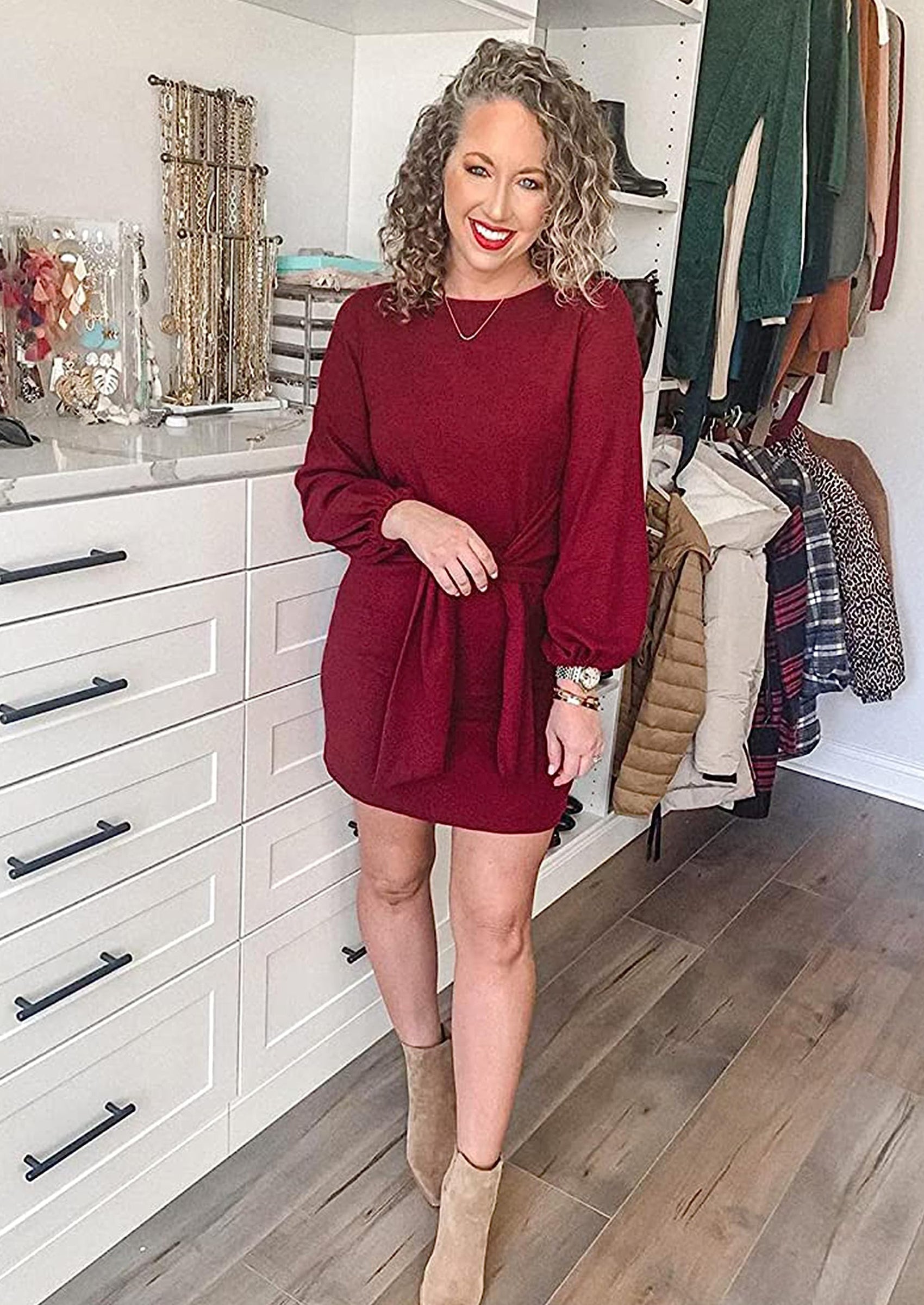 PRETTYGARDEN Womens Fall Elegant Long Lantern Sleeve Short Dress Wedding Guest Crewneck Tie Waist Knit Cocktail Dresses PRETTYGARDEN