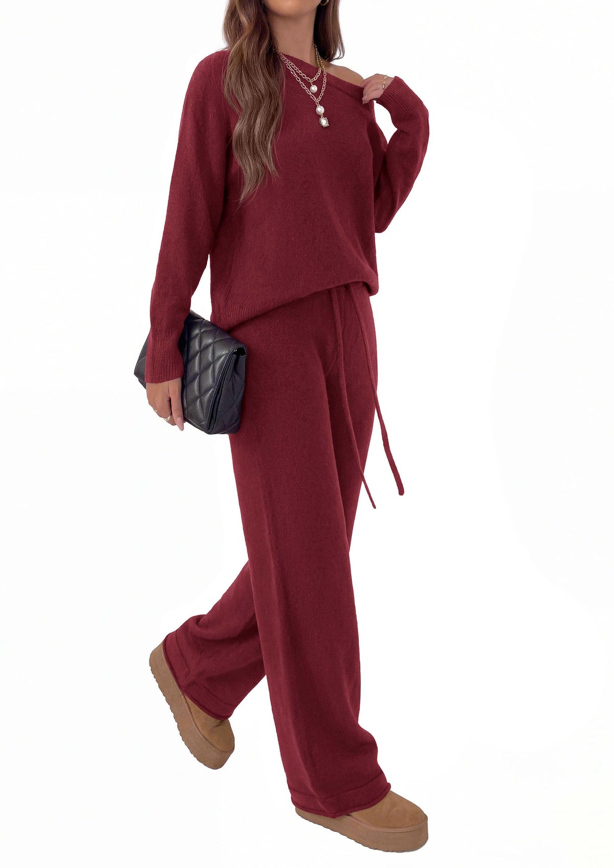 PRETTYGARDEN Lounge Sets Womens Two Piece Outfits  Cozy Boat Neck Long Sleeve , Wide Leg Pants with Drawstring, Casual Fall Fashion 2026 Airport & Travel, Knit Matching Set