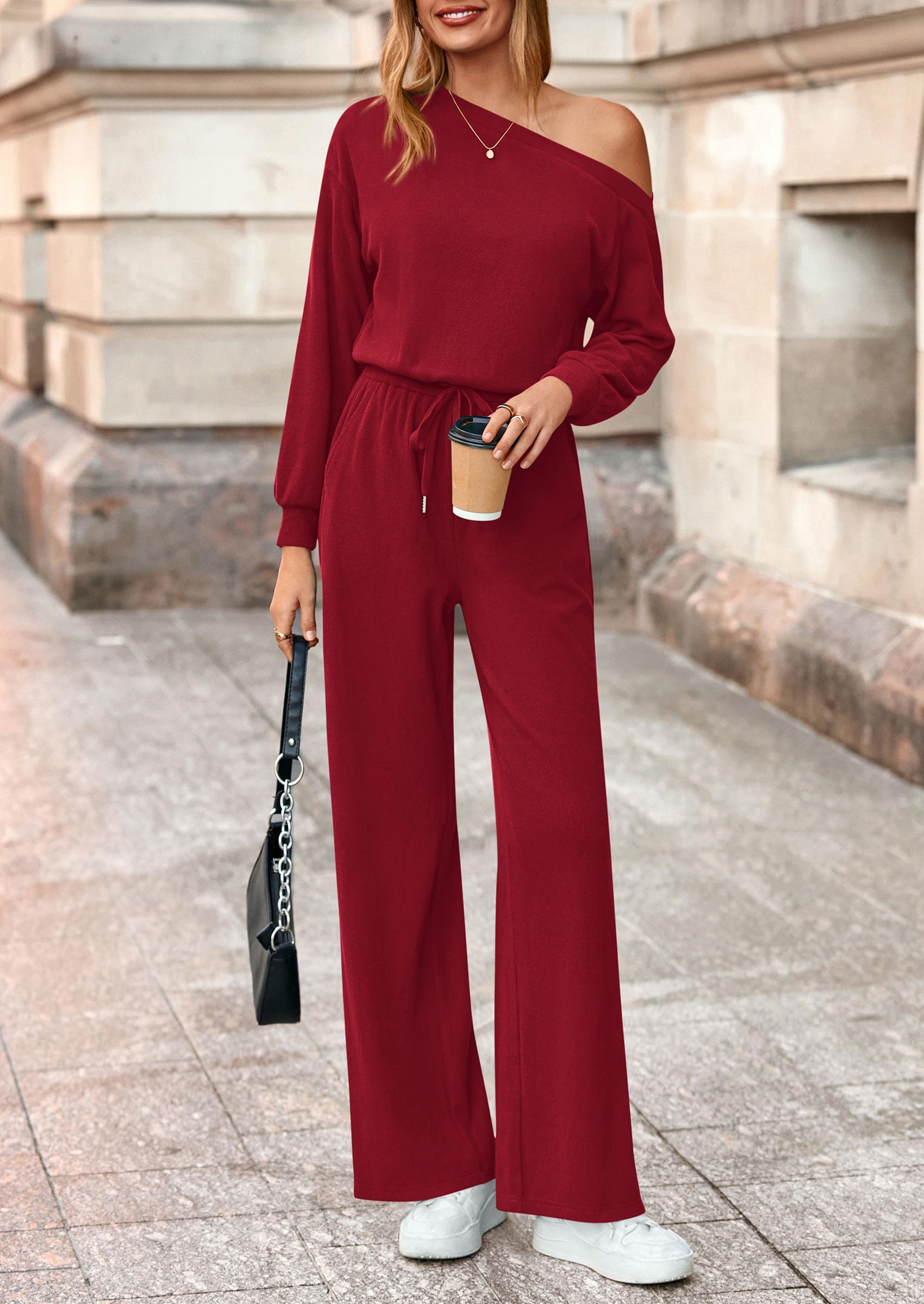 PRETTYGARDEN Long Sleeve Jumpsuit For Women Dressy Off Shoulder One Piece Loose Wide Leg Jumpsuits Casual Flowy Romper