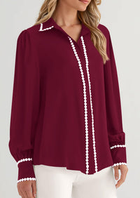 PRETTYGARDEN Womens Long Sleeve Button Down Shirts Trendy V Neck Loose Fit Fall Tops Collared Dressy Casual Blouses