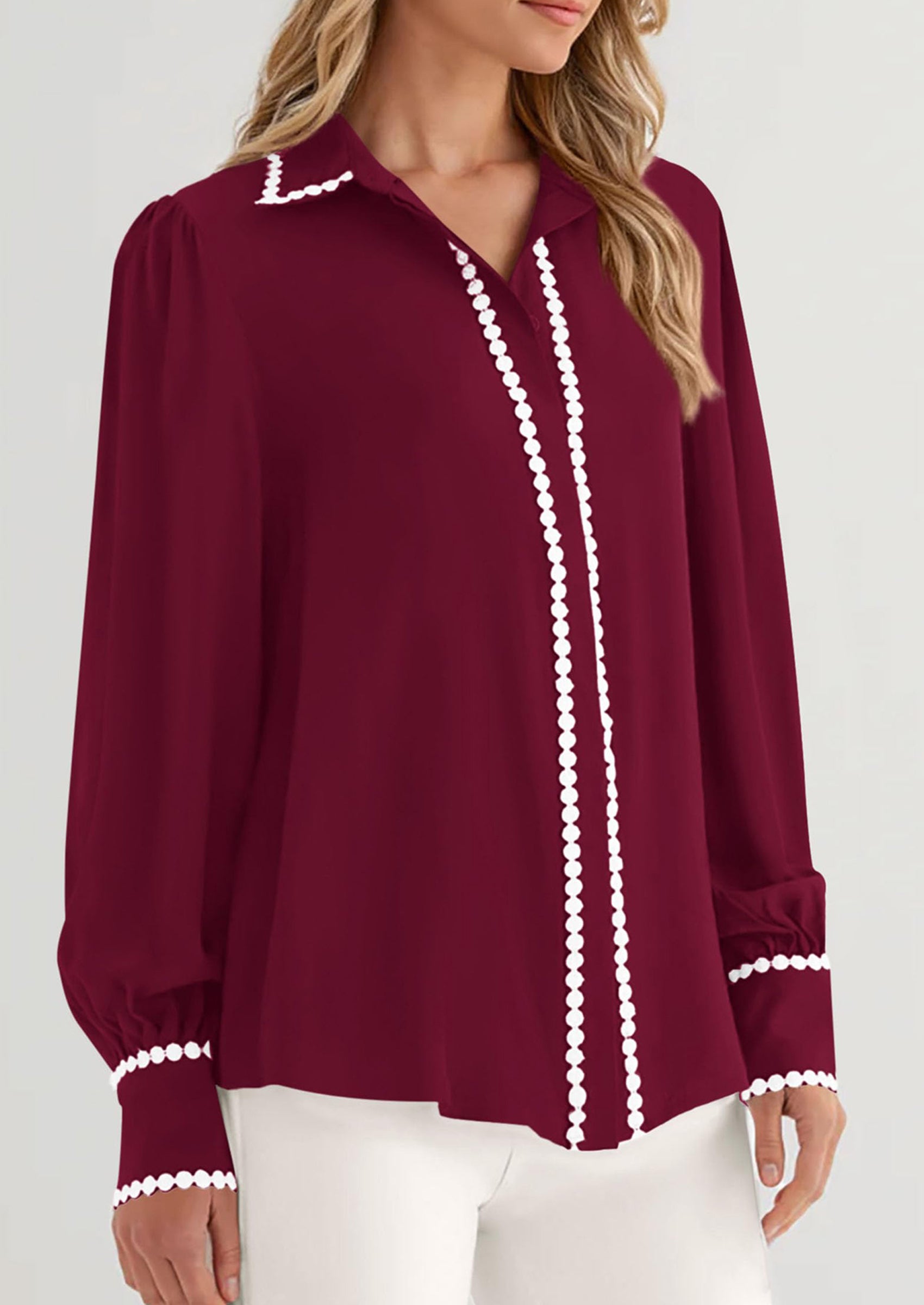 PRETTYGARDEN Womens Long Sleeve Button Down Shirts Trendy V Neck Loose Fit Fall Tops Collared Dressy Casual Blouses