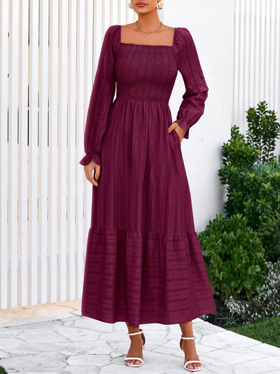 BTFBM Women Maxi Fall Dresses Long Sleeve Solid Color Square Neck Smocked Boho Long Wedding Guest Dress