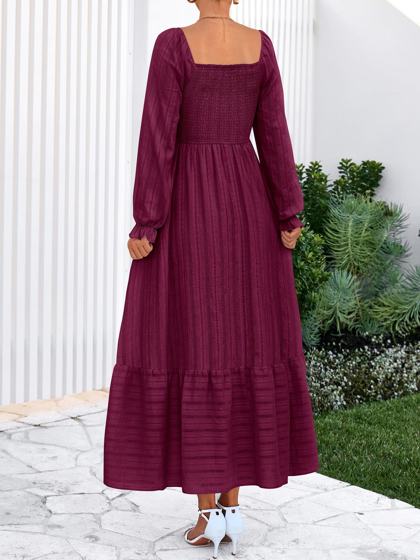 BTFBM Women Maxi Fall Dresses Long Sleeve Solid Color Square Neck Smocked Boho Long Wedding Guest Dress