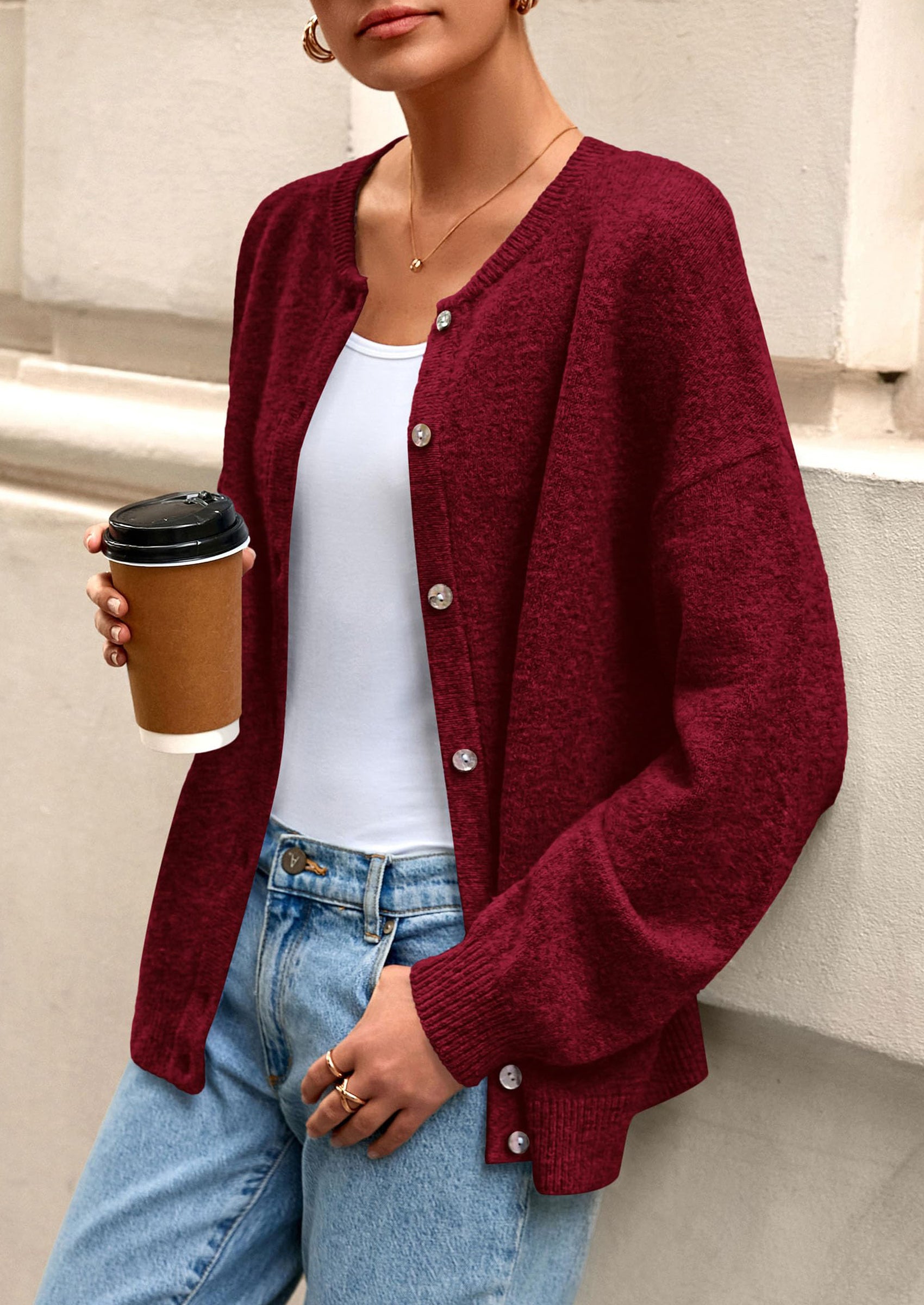 PRETTYGARDEN Fall Long Sleeve Cardigans for Women Trendy Open Front Winter Button Down Crewneck Soft Knit Sweater Jacket