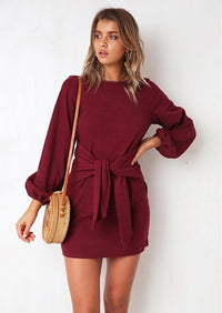 PRETTYGARDEN Womens Fall Elegant Long Lantern Sleeve Short Dress Wedding Guest Crewneck Tie Waist Knit Cocktail Dresses PRETTYGARDEN