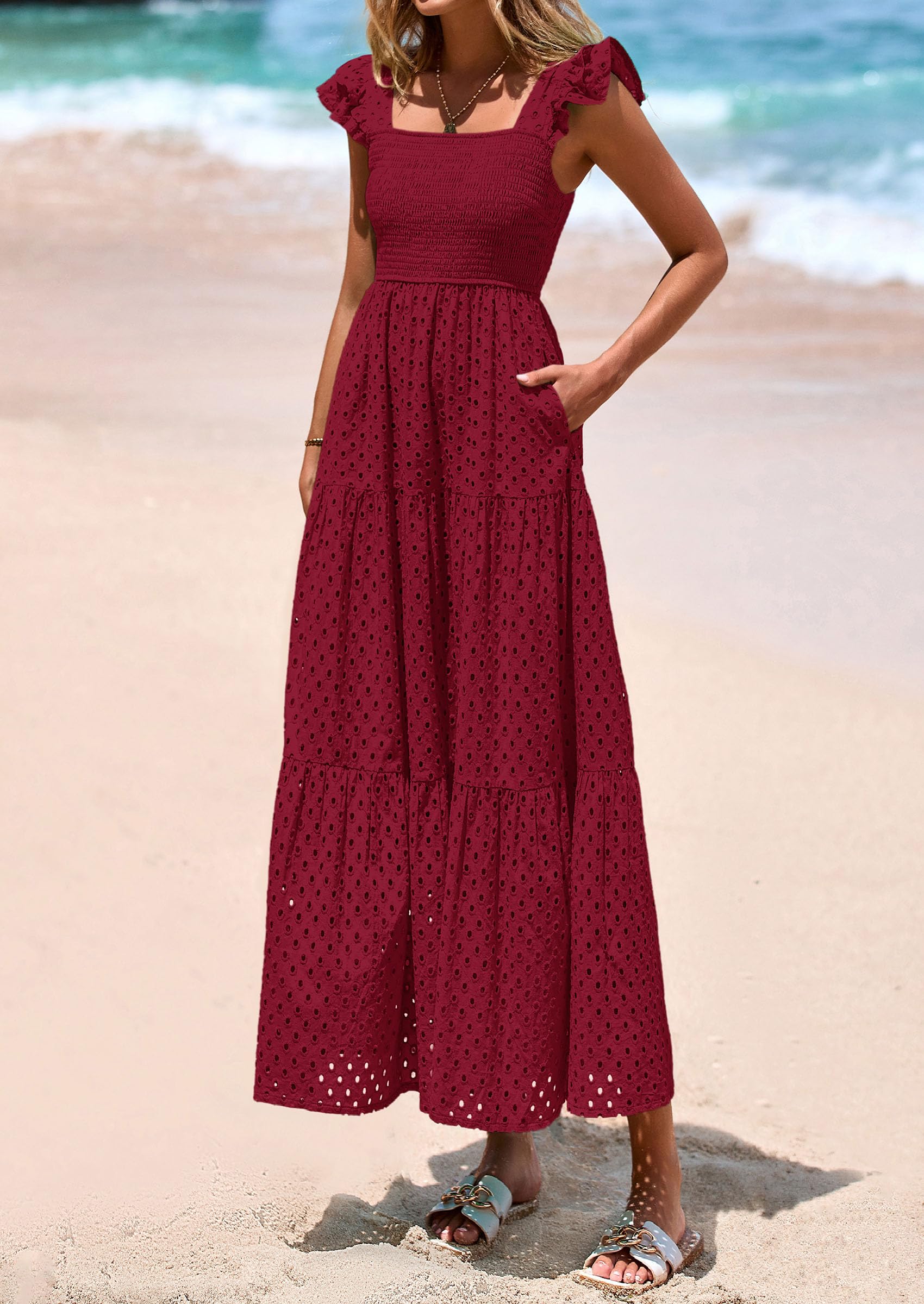 PRETTYGARDEN Womens Square Neck Maxi Dresses Cap Sleeve Eyelet Smocked Tiered A Line Flowy Long Dress with Pockets